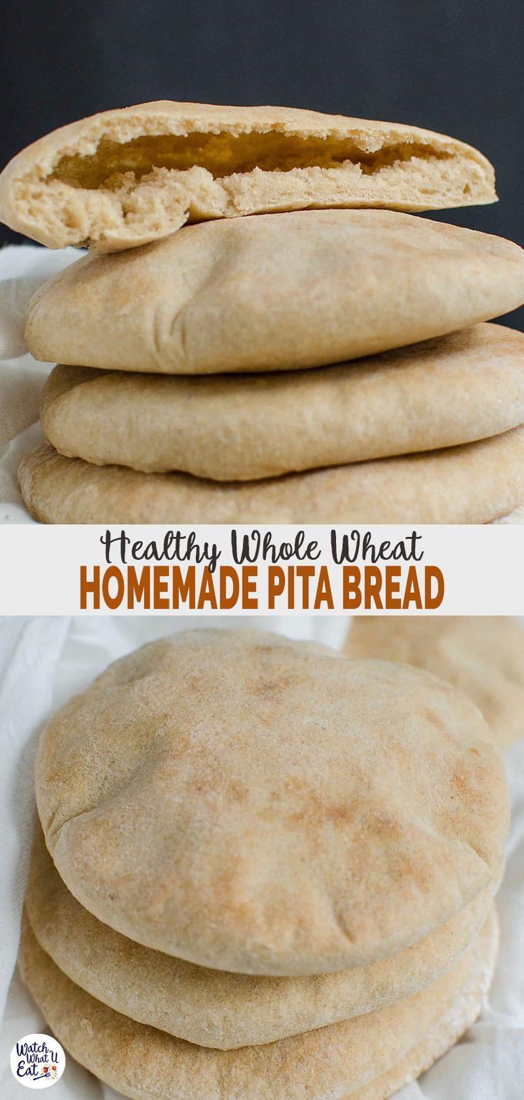 homemade pita bread stacked on top of each other with text overlay that reads healthy whole wheat homemade pita bread