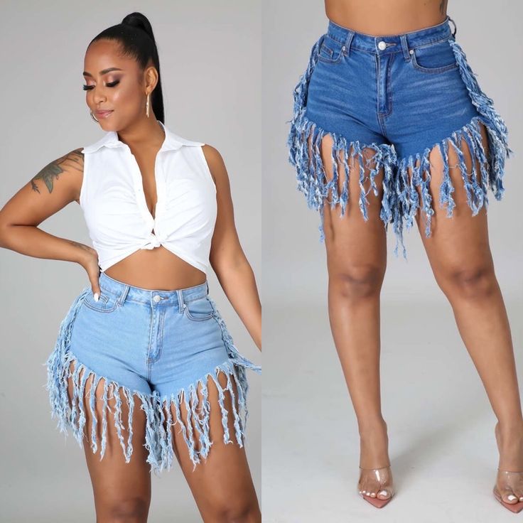 New With Tags Small Med Large Denim Fringe Shorts, Fringe Shorts, Denim Fringe, Denim Shorts Outfit, Good Insta Captions, Short Fringe, Insta Captions, Year 5, Shorts Outfit