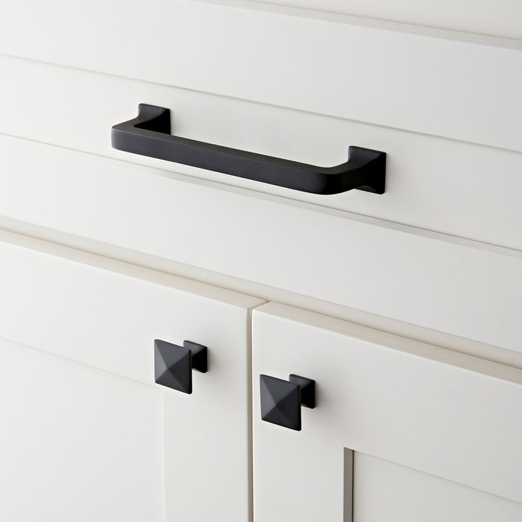 an image of a kitchen cabinet with black handles