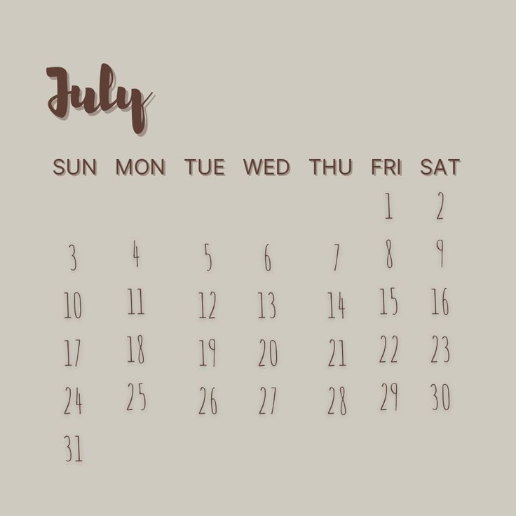 a calendar with the word july written in brown ink on a light gray wallpaper