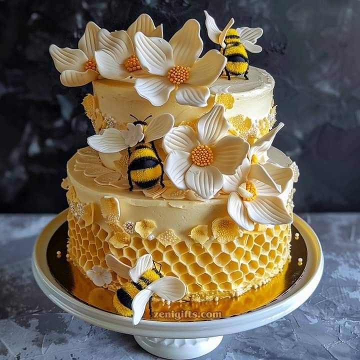 a three tiered cake decorated with bees and flowers