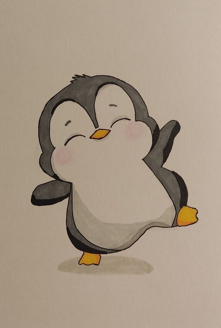 a drawing of a penguin with one foot in the air and another on its back