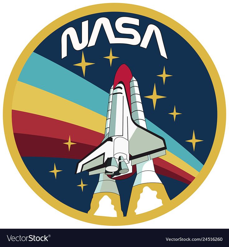 the space shuttle is flying in front of an nasa emblem with stars on it's side