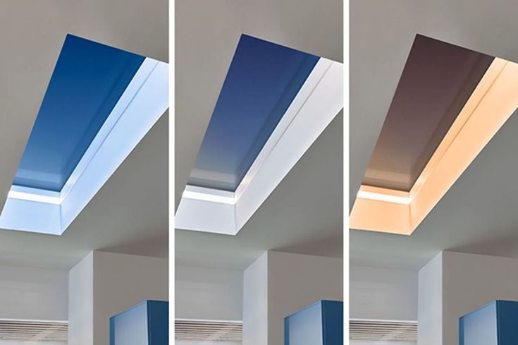 four different angles of the ceiling in an office building with blue and white paint on it