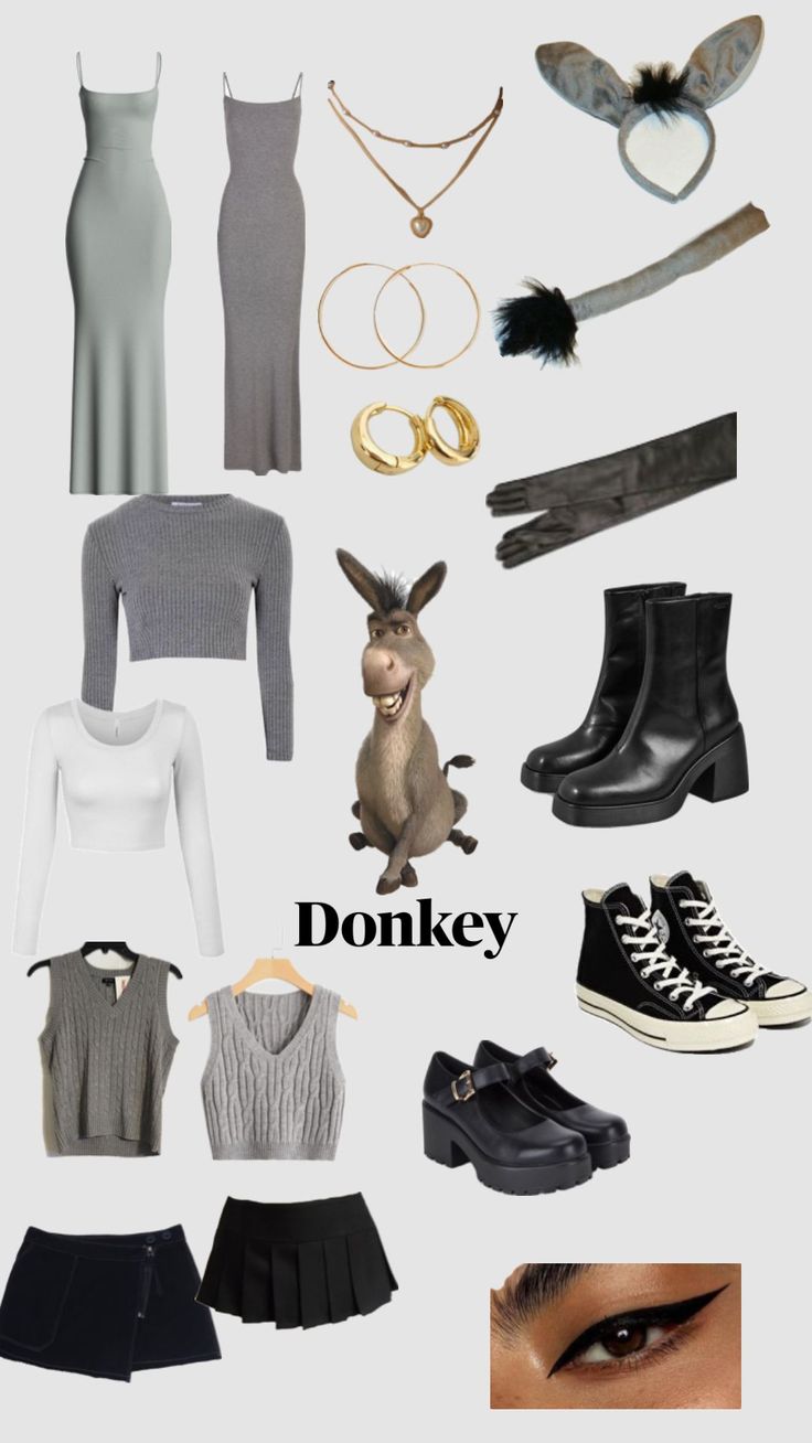 a bunch of different types of clothes and accessories on display with the caption donkey