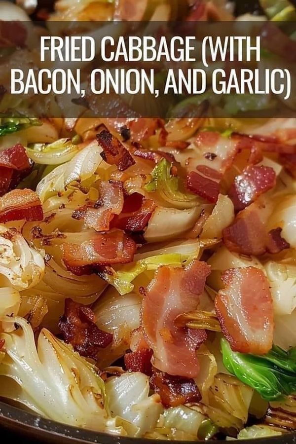 bacon, onion, and garlic in a skillet with the words fried cabbage with bacon, onion, and garlic