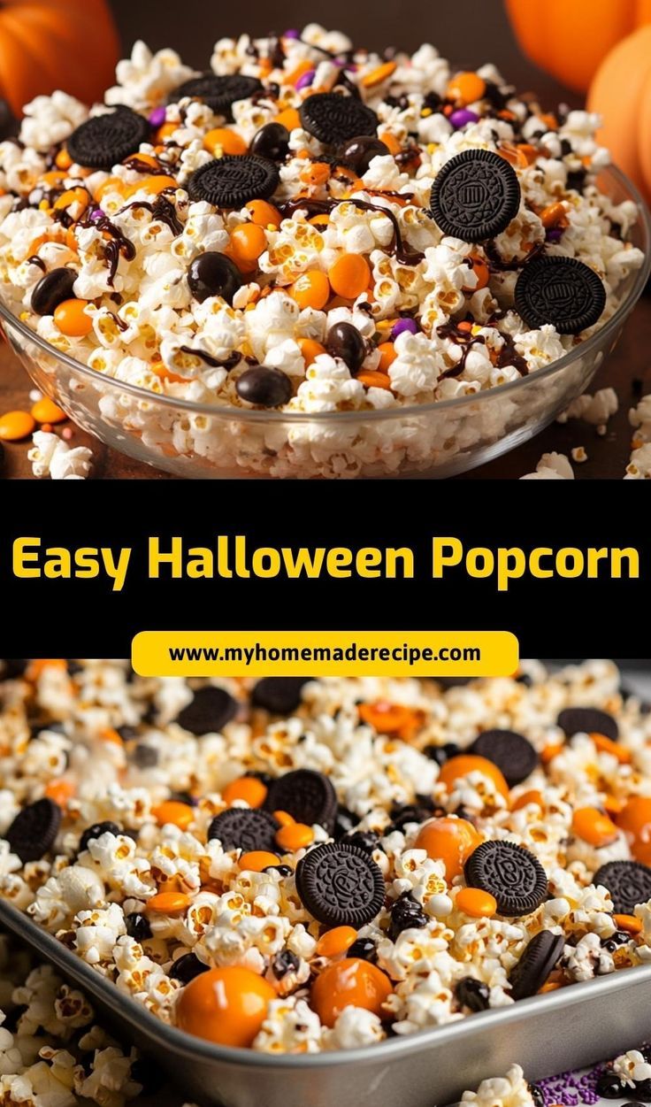 an easy halloween popcorn recipe with oreos and candy