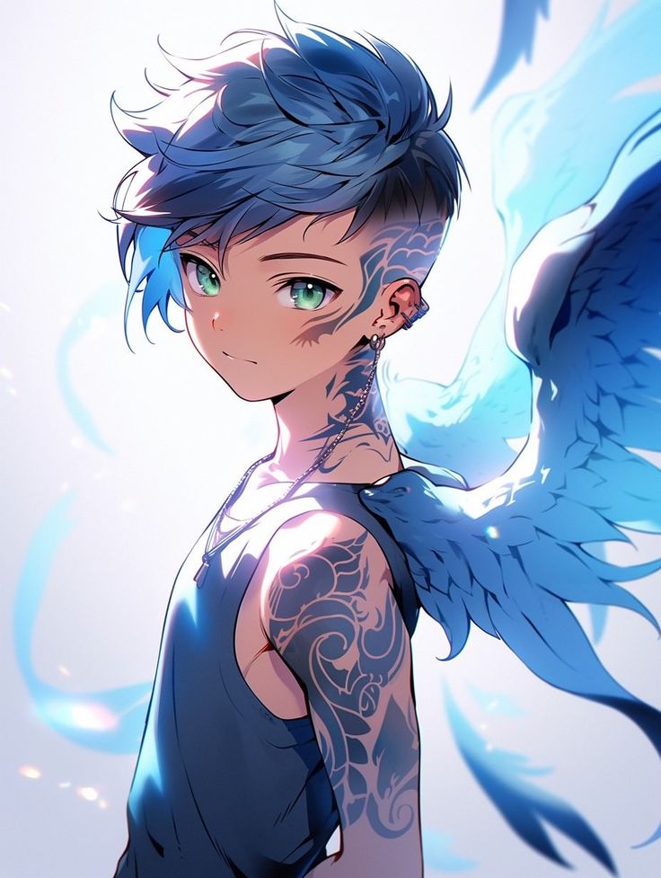 a woman with blue hair and tattoos on her chest is standing in front of an angel