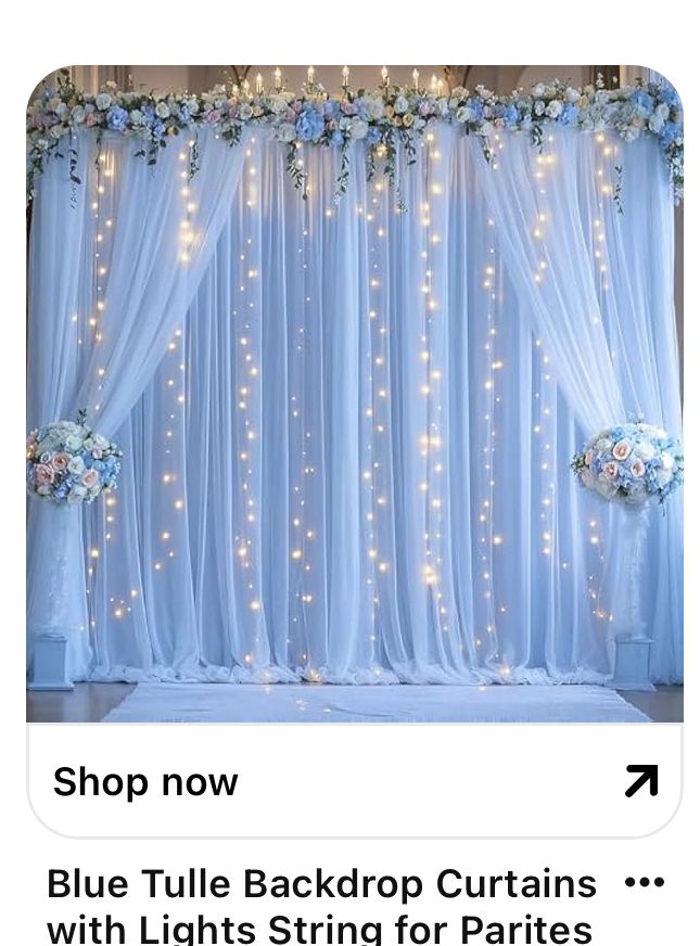 an image of a blue backdrop with lights strung for parties and flowers on the side