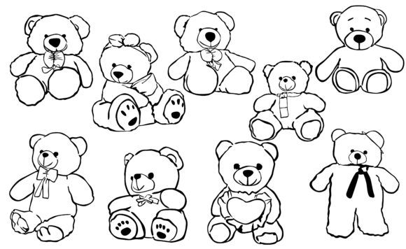 six teddy bears with different bows on their heads and chest, all in black and white