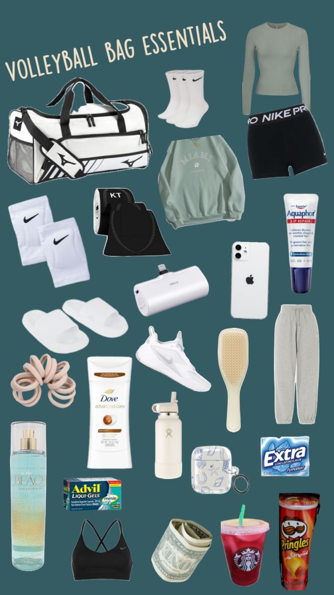 volleyball bag needs Volleyball Makeup Bag, Volleyball Bag Must Haves, Volleyball Duffle Bags, Volleyball Backpack Essentials, Volleyball Bags Ideas, What To Have In Your Volleyball Bag, Volleyball Bag Essentials List, Volleyball Essentials, Volleyball Bags