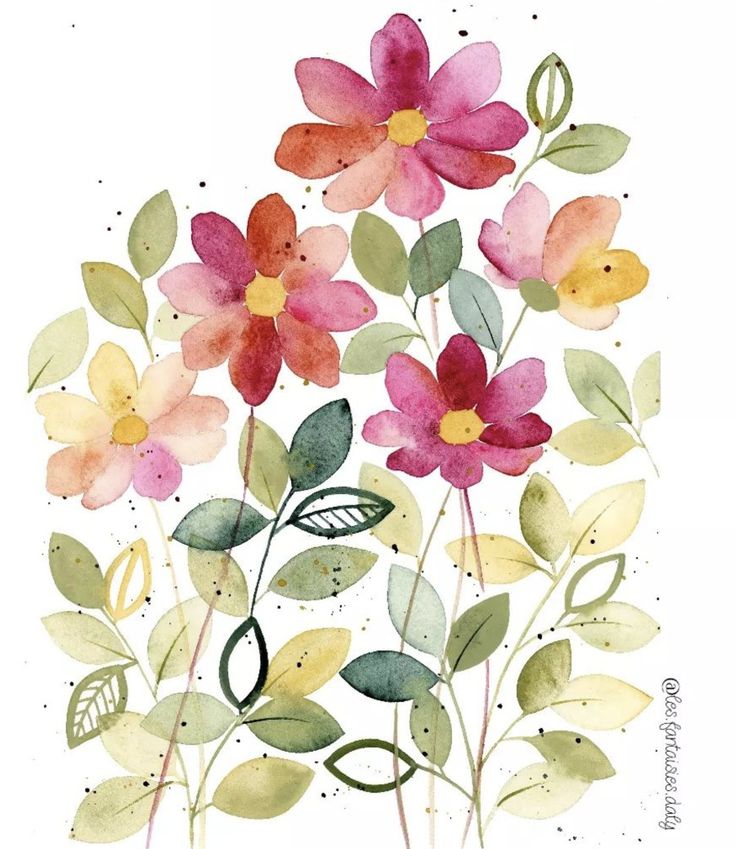 watercolor painting of pink and yellow flowers