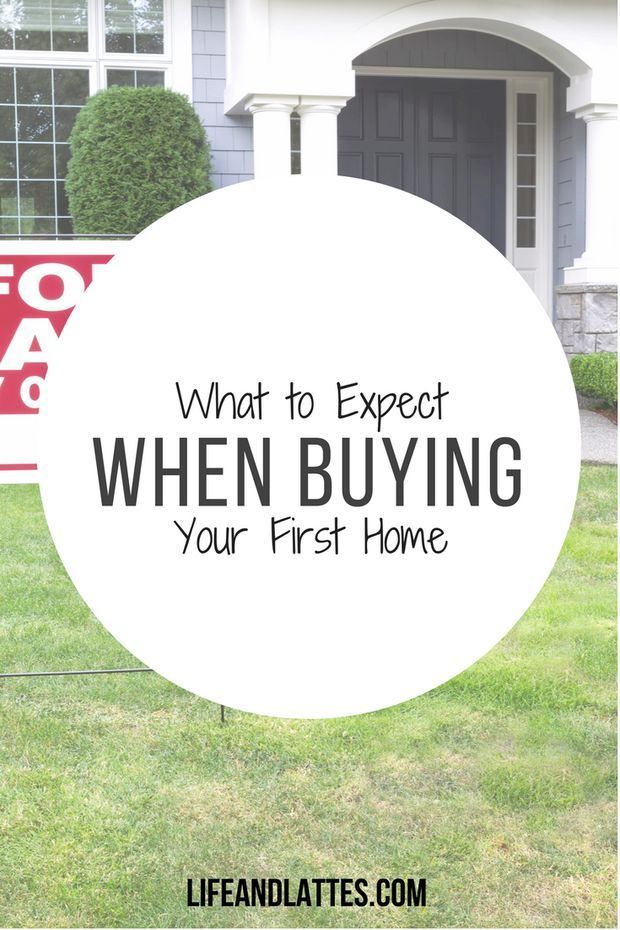 a house with the words what to expect when buying your first home in front of it