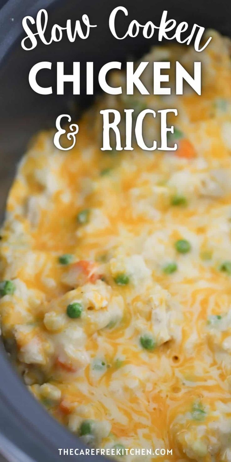 slow cooker chicken and rice recipe in the crock pot with text overlay