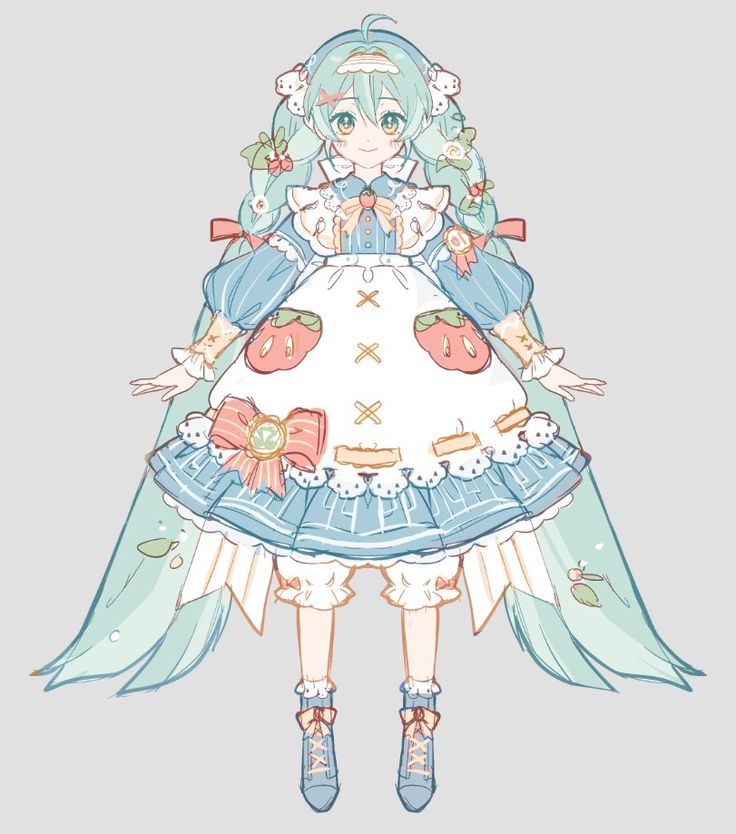 a drawing of a girl in a dress with bows on her head and blue hair