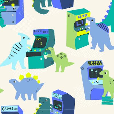 an image of dinosaurs and arcade machines on a white background with blue, green, and yellow colors