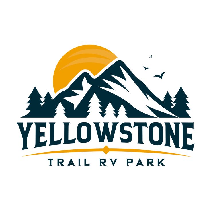 the yellow stone trail rv park logo with trees and mountains in the background on a white background