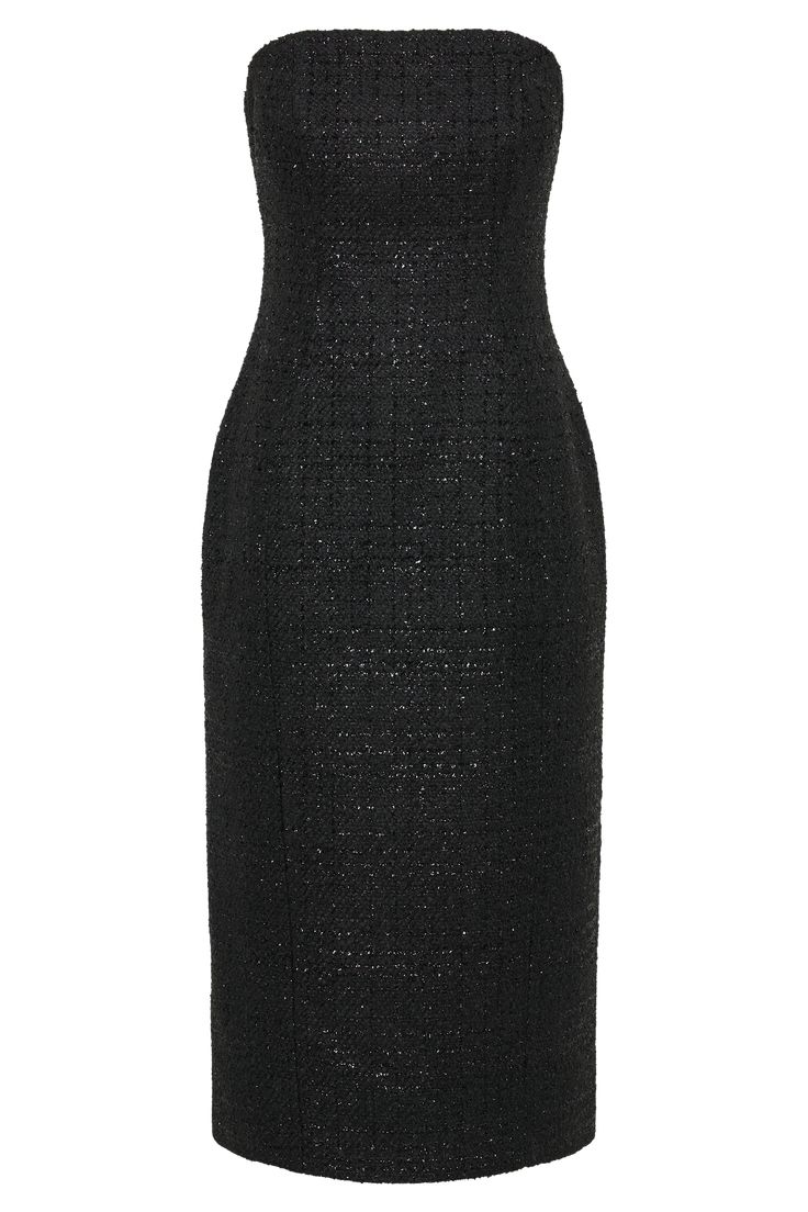 Timeless classic.Presenting the MONET Tweed Strapless Midi Dress, a timeless piece that exudes sophistication and elegance. With its strapless design, this dress showcases your shoulders with graceful allure. Fitted at the waist, it accentuates your figure beautifully, while the straight skirt shape offers a classic silhouette. Complete with a centre back zipper for easy wear and a midi length for a touch of refinement, this dress is crafted from tweed fabrication, adding texture and depth to yo Luxury Fitted Tweed Dress For Formal Events, Luxury Tweed Evening Dress, Luxury Tweed Dress For Evening, Luxury Evening Tweed Dress, Elegant Knee-length Tweed Evening Dress, Luxury Knee-length Tweed Dress For Formal Occasions, Elegant Tweed Dress For Party, Elegant Fitted Tweed Dress, Elegant Fitted Tweed Dress For Evening