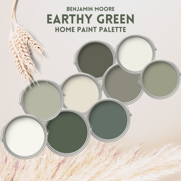 the earthy green home paint palette is shown in shades of gray, white and beige