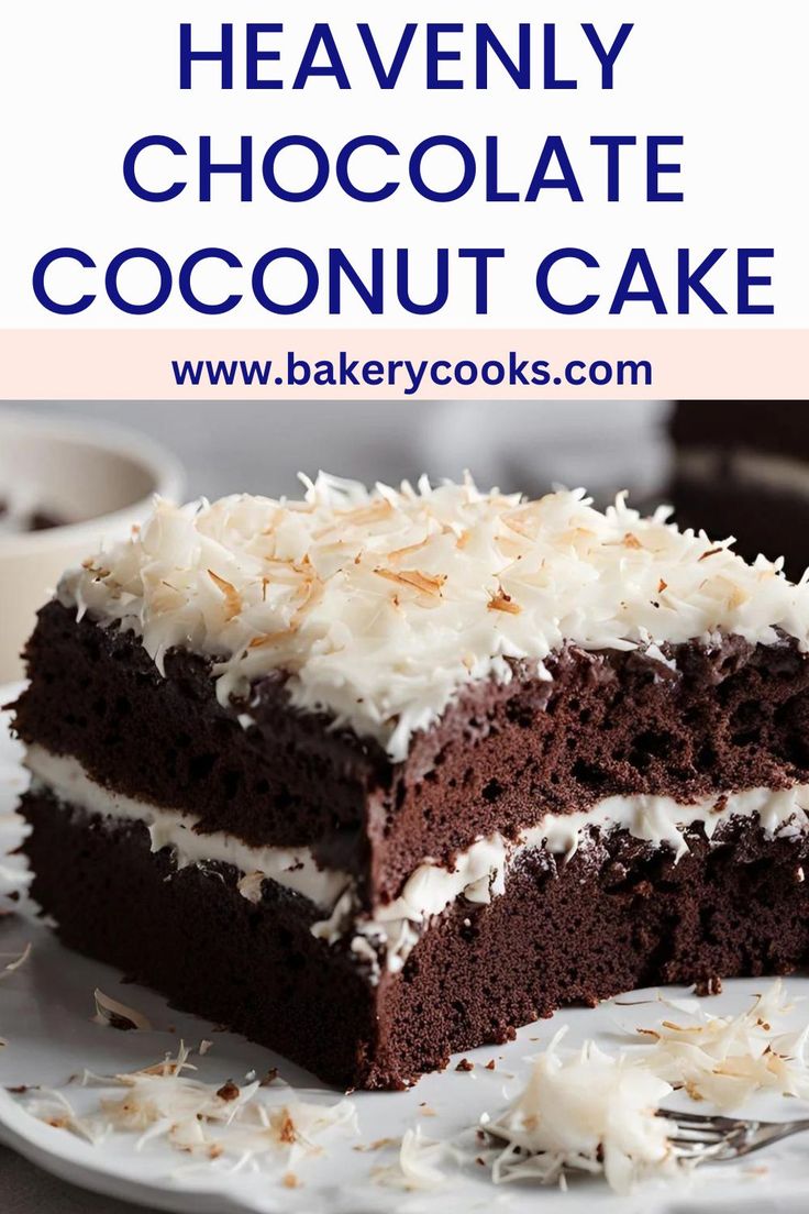 a chocolate cake with coconut frosting on top and the words heavenly chocolate coconut cake above it