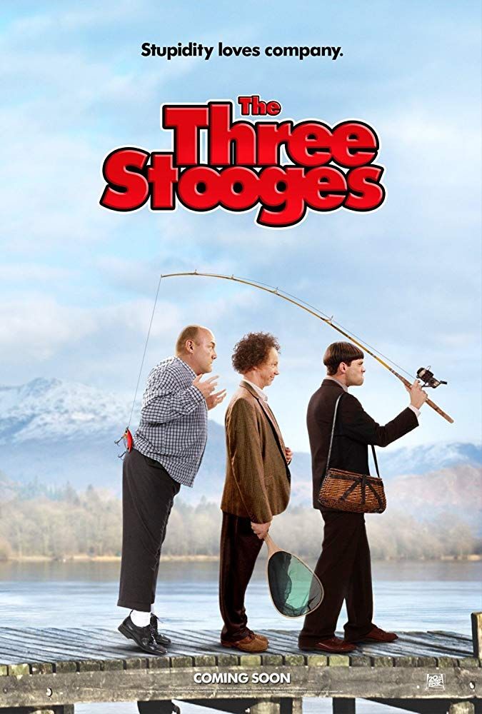 the three stooges movie poster with two men standing next to each other holding fishing rods