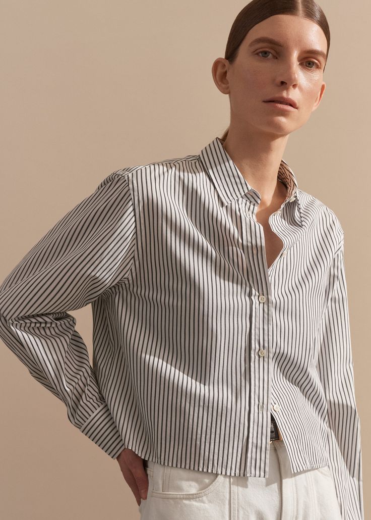 Stripe Boxy Crop Shirt | ME+EM Ems Shirts, Vest Layering, Oversize Sleeves, Layered Shirts, Sweatshirt Short Sleeve, Designer Tops, Chambray Shirt, Sleeveless Tshirt, A Style