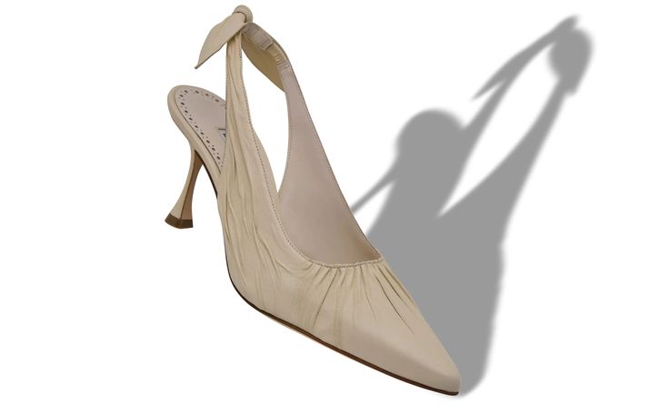 Designer Light Cream Nappa Leather Slingback Pumps - Image small_image Chic Cream Slingback Pumps With Sculpted Heel, Chic Cream High Heel Slingback Pumps, Elegant Leather Heels With Bow Straps, Beige Slingback Pumps With Wrapped Heel For Evening, Chic Cream Slingback Pumps With Almond Toe, Chic Cream Almond Toe Slingback Pumps, Luxury Cream Slingback Pumps With Pointed Toe, Chic Cream Slingback Pumps With Pointed Toe, Chic Cream Closed Toe Slingback Pumps