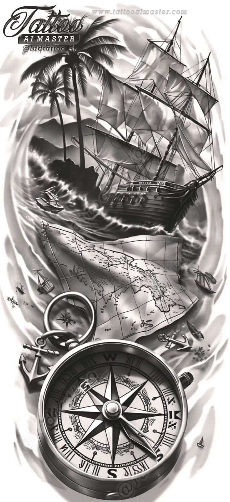 a black and white drawing of a ship with a compass on it