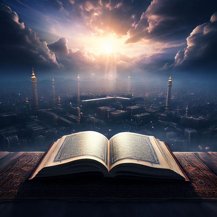 an open book sitting on top of a wooden table in front of a city skyline