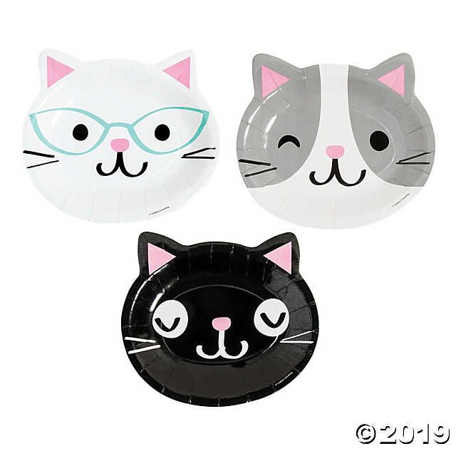 three paper plates with cats on them and one cat wearing glasses, the other black