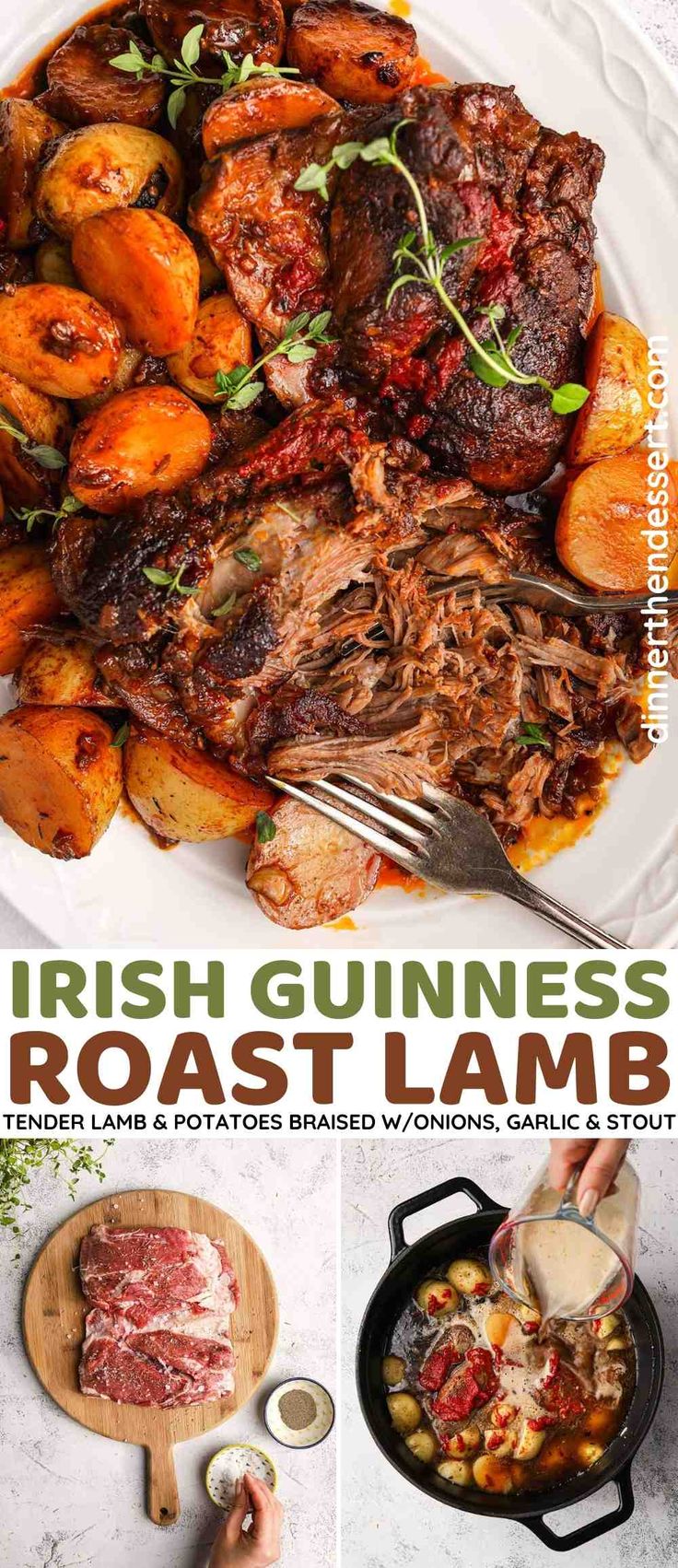 the cover of irish guinness roast lamb with potatoes, carrots and garlic sauce on it