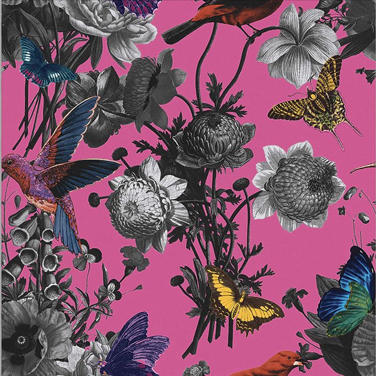 a pink background with many different types of flowers and butterflies on it, all in black and white