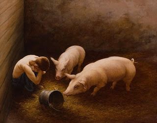 two pigs and a boy in a barn with the words, we are pushed by our sin not for them