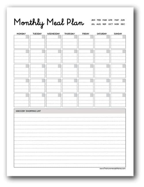 the printable meal plan is shown in black and white, with an empty space for notes