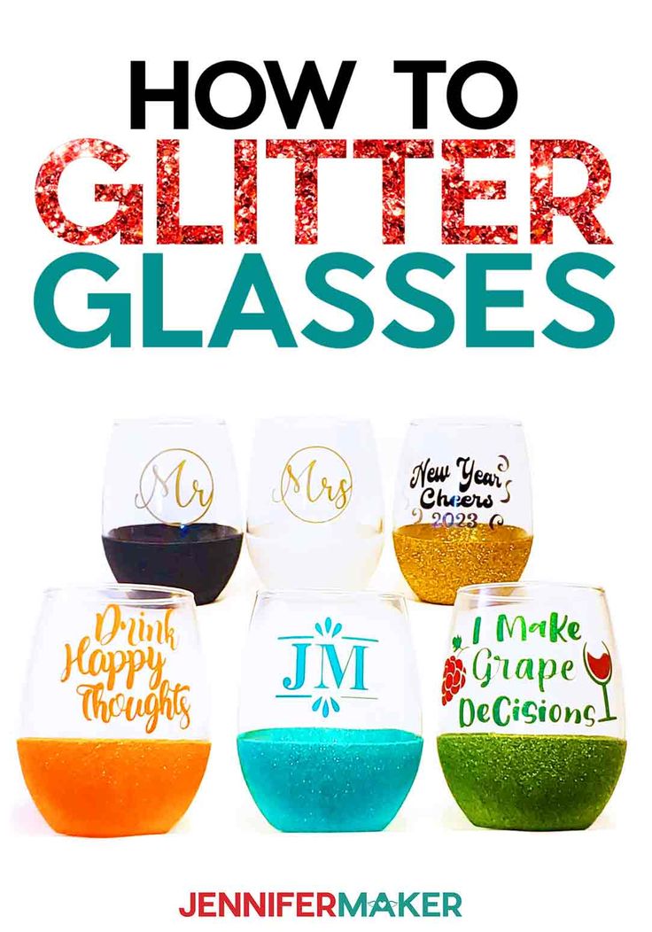 the cover of how to glitter glasses with different colors and designs on them, including one in