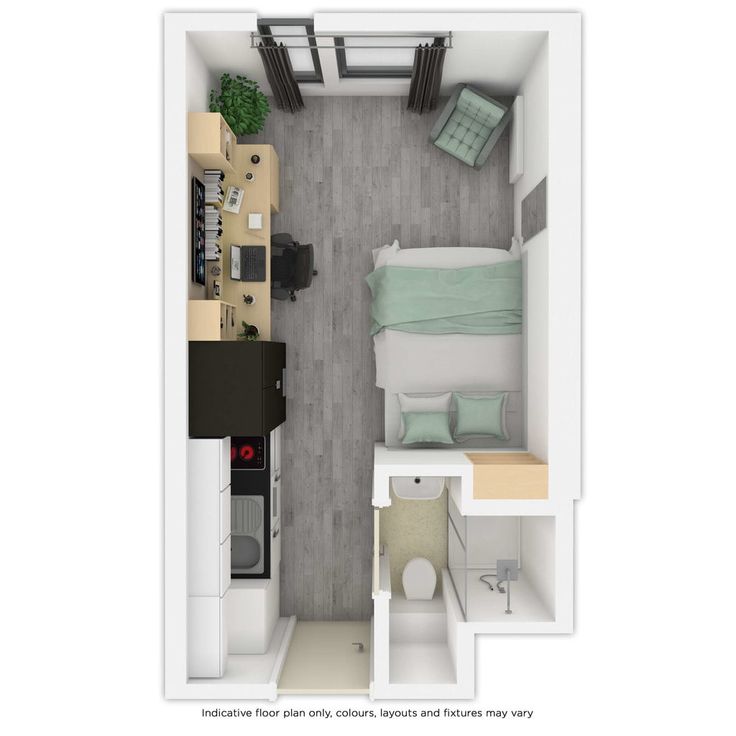 an overhead view of a small bedroom and living room in a studio apartment with one bed