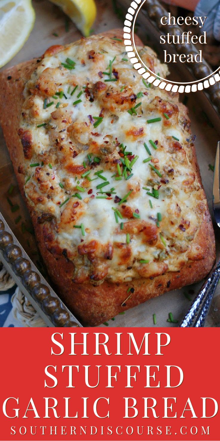 If you love shrimp, then this easy Shrimp Stuffed Garlic Bread recipe is a must-make! Fresh ciabatta bread stuffed with loads creole seasoned shrimp and hot, melted cheese is so good, you’ll find reasons to serve this recipe all the time. Seafood Stuffed French Bread, Cajun Shrimp Bread, Seafood Garlic Bread, Seafood Bread Bowl, Shrimp Bread Recipes, Cheesy Garlic Bread Shrimp Grilled Cheese, Dinner For Company Friends Entertaining, Stuffed Seafood Bread Bowl, Breaded Shrimp Recipes