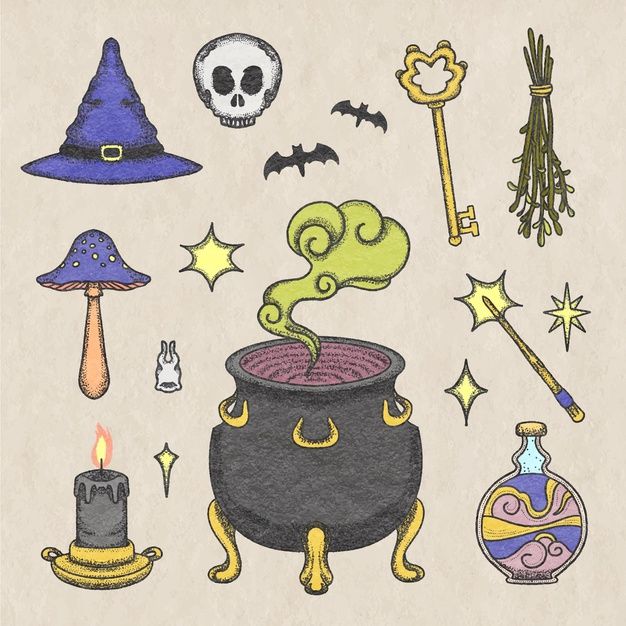 an image of halloween items drawn in colored pencils