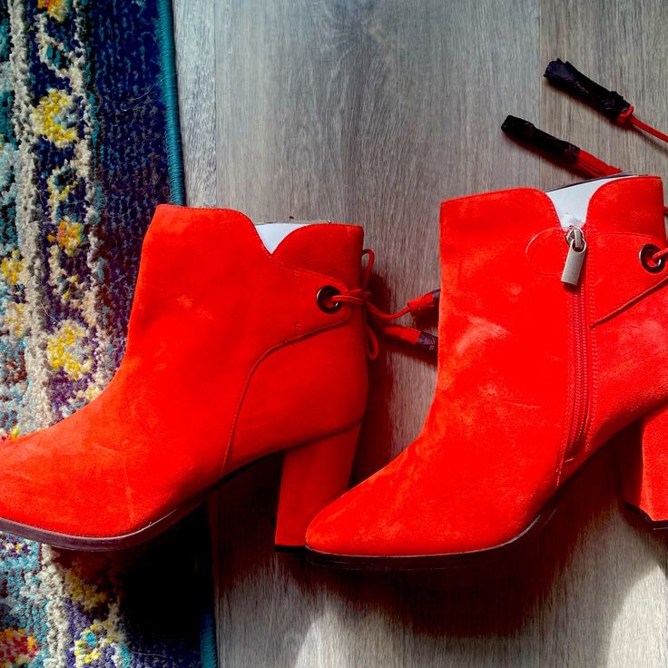 Never Worn. Us Size 9, Uk Size 7 Red Round Toe Heels For Fall, Red Round Toe Heeled Boots For Spring, Red Heeled Boots With Round Toe For Spring, Red Ankle-high Heels With Stacked Heel, Red Stacked Heel Ankle-high Heels, Red Round Toe Booties For Winter, Red Ankle Booties For Winter, Red Winter Ankle Booties, Casual Red High Heel Boots