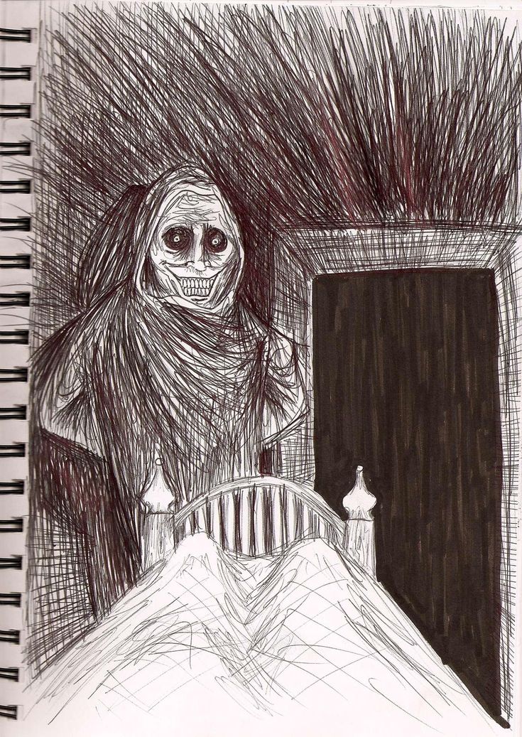 a drawing of a skeleton sitting in bed