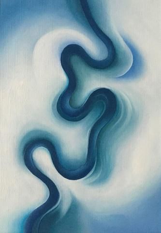 an abstract painting in blue and white with swirls on the bottom half of it