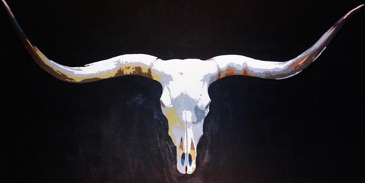 a painting of a cow skull with long horns on it's head and the light coming from behind