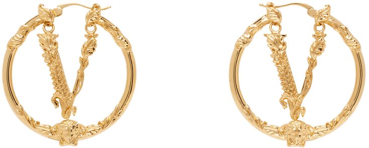 Pair of hoop earrings in gold-tone brass. · Logo charm at face · Medusa hardware at drop · Hinged-post fastening · D2.5 Supplier color: Light gold Classic Gold Jewelry With Brass Hardware, Gold-tone Hoop Earrings For Formal Occasions, Gold-tone Round Earrings, Gold-tone Hoop Earrings, Small Brass Hoop Earrings For Formal Occasions, Formal Gold-tone Hoop Jewelry, Formal Brass Hoop Earrings, Formal Gold-tone Hoop Earrings, Gold-tone Small Hoop Earrings