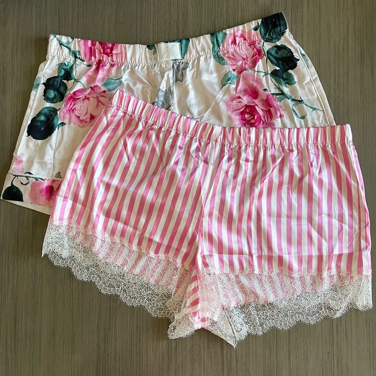 Two Pairs Of Victoria’s Secret Satin Shorts. Perfect For Sleep Or Lounge. Elastic Waistband. 3-Inch Inseam. Pretty White Floral And Pink/White Stripe With Lace Trim. Size Extra Large. New With Tags Or In Online Package. Purchase As A Pair Or Separately! Always Open To Bundles And Offers! Feminine White Pajama Shorts For Pajama Party, Feminine Short Pajama Shorts For Bedtime, Feminine Pajama Shorts For Sleepover, Spring Pajama Shorts With Lace Trim For Pajama Party, Spring Pajama Shorts With Lace Trim For Bedtime, Spring Lace Trim Pajama Shorts For Bedtime, White Lace Trim Pajama Shorts For Spring, Spring Bedtime Pajama Shorts With Lace Trim, Victoria's Secret White Summer Shorts