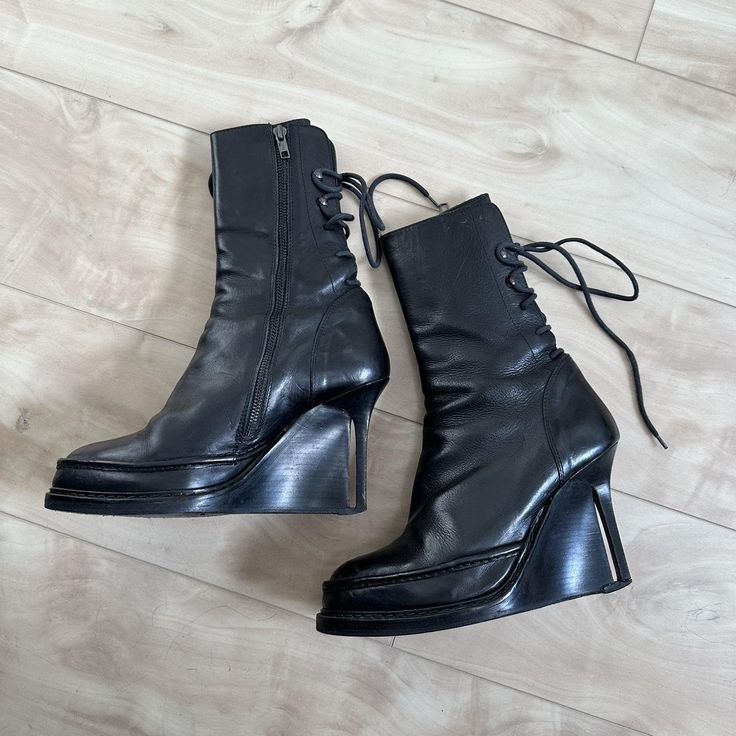 Ann Demeulemeester lace up wedge stiletto boots EU... - Depop 90s Ann Demeulemeester, Ann Demeulemeester Shoes, Ann Demeulemeester Fall 2023, Ann Demeulemeester Boots, Ann Demeulemeester Jacket, Lace Heels, Lace Up Wedges, Funky Shoes, Stiletto Boots