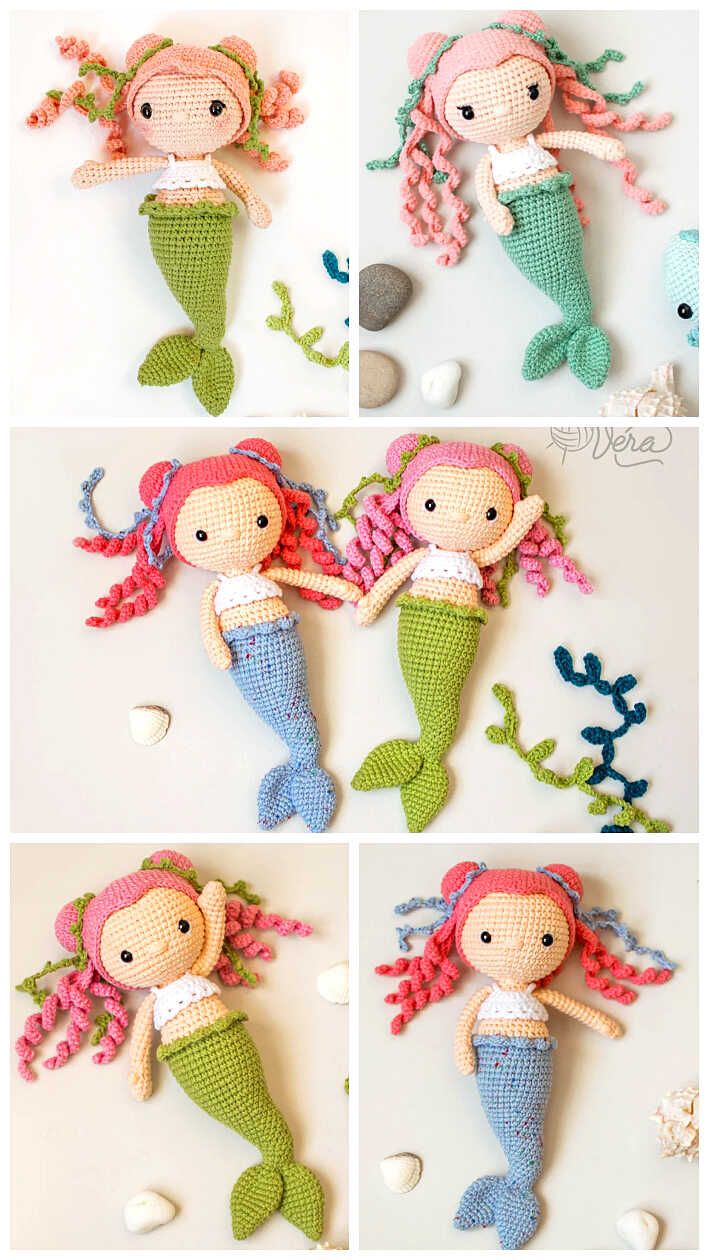 crocheted mermaid doll pattern for the little mermaid doll with pink hair and green tail