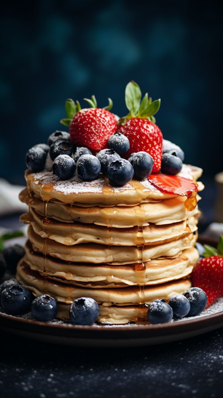 a stack of pancakes with blueberries and strawberries on top