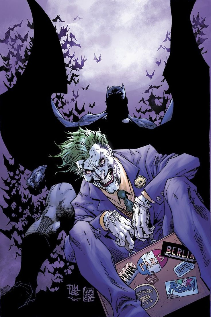 the joker is laying down in his bed with bats around him and another person standing next to him