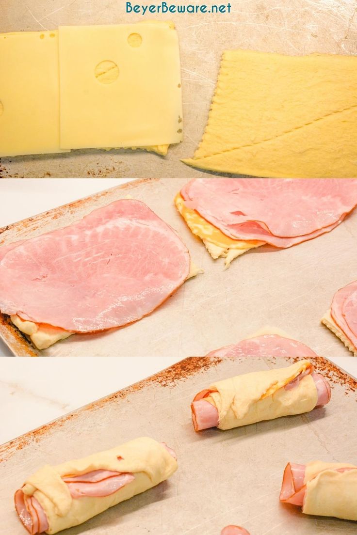 ham and cheese roll ups are being prepared on a baking sheet, ready to go into the oven