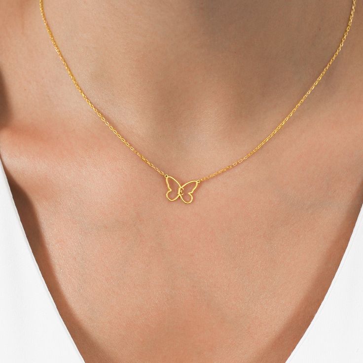 "This delicate initial necklace is crafted from solid 14K gold and features a subtle butterfly pendant. The initial pendant hangs high on an cable chain. A perfect gift for your wife, mom or friend this personalized initial necklace will be treasured by whomever you give it to! HOW TO PLACE YOUR ORDER? 1- Choose gold color you want. 2- Choose your chain lenght. 3- Write your initial on personalization box. Please contact us if you have any problems creating an order. Find out more about my shop Dainty Butterfly Charm Necklace For Anniversary, Butterfly Necklace For Birthday And Mother's Day, Butterfly Shaped Gold Jewelry For Birthday, Gold Dainty Butterfly Necklace For Mother's Day, Dainty Gold Butterfly Necklace For Mother's Day, Butterfly Charm Necklace For Birthday, Dainty Butterfly Necklace For Mother's Day, Gold Butterfly Necklace, Butterfly Necklace Gold